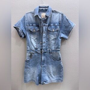 Altar'd State Shorts Romper Small Denim Short Sleeve Pockets Western Boho Chic